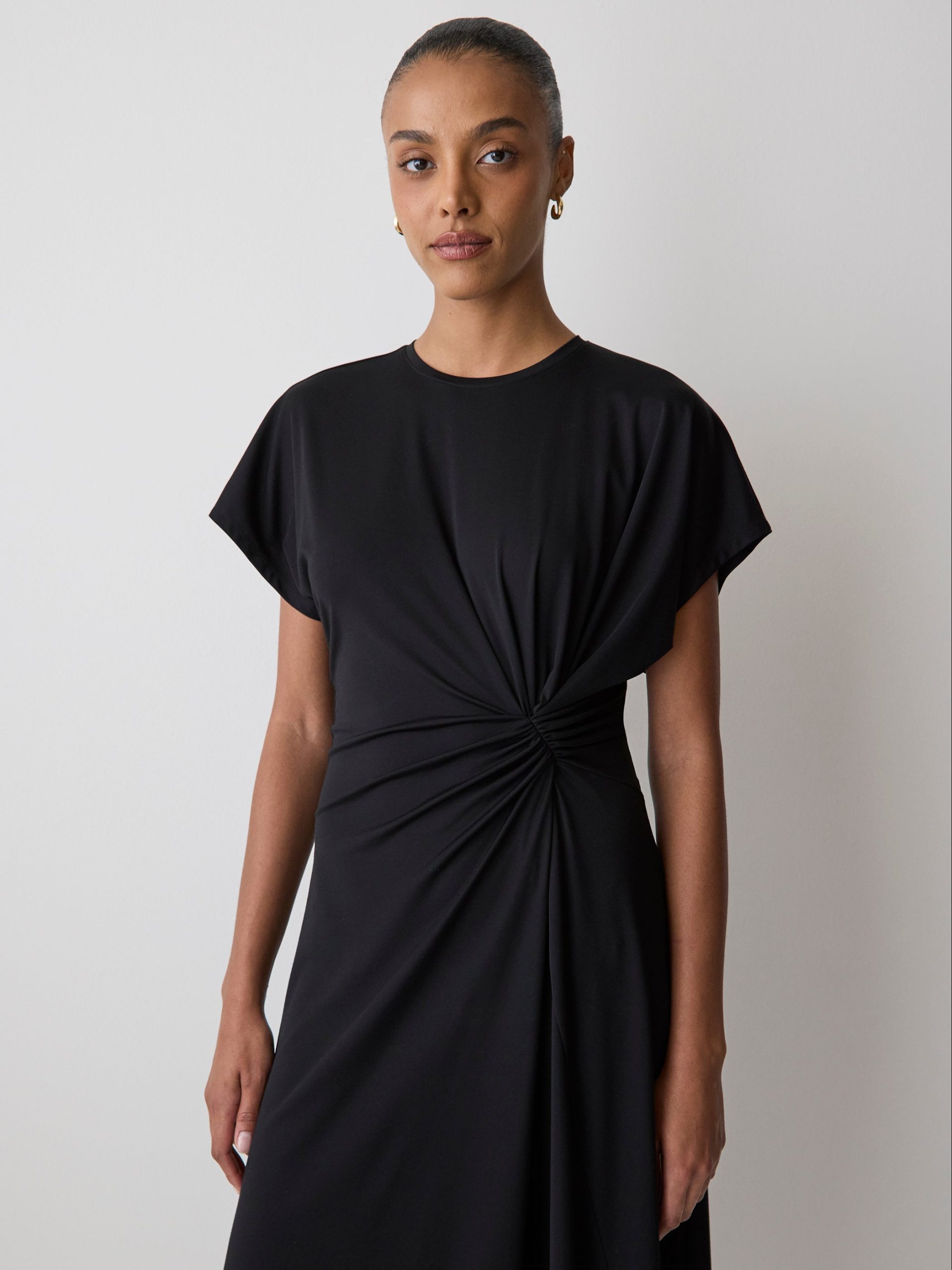Black Short-Sleeve Crew-Neck Midi Dress with Draped Detail - Image 2