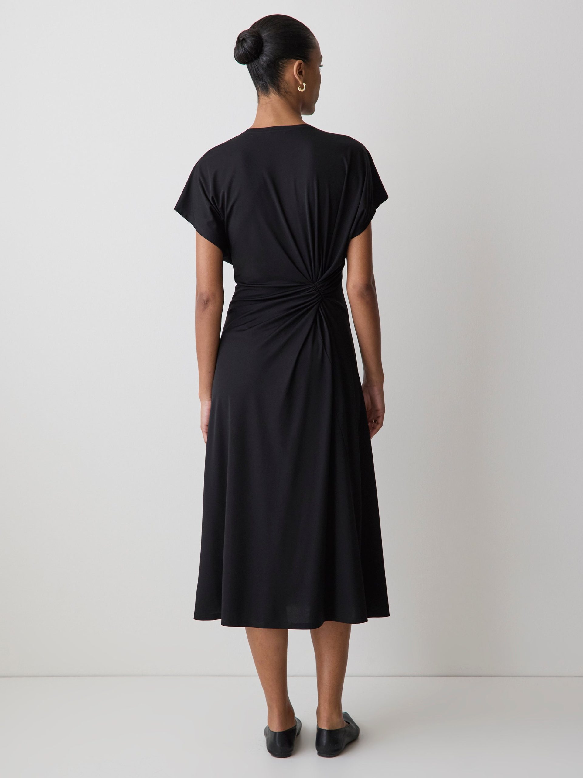 Black Short-Sleeve Crew-Neck Midi Dress with Draped Detail - Image 3