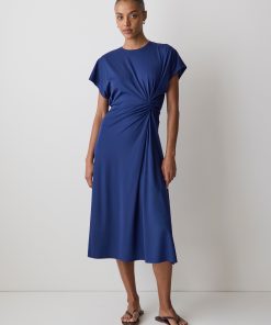 Bellwether Blue Short-Sleeve Crew-Neck Midi Dress with Draped Detail