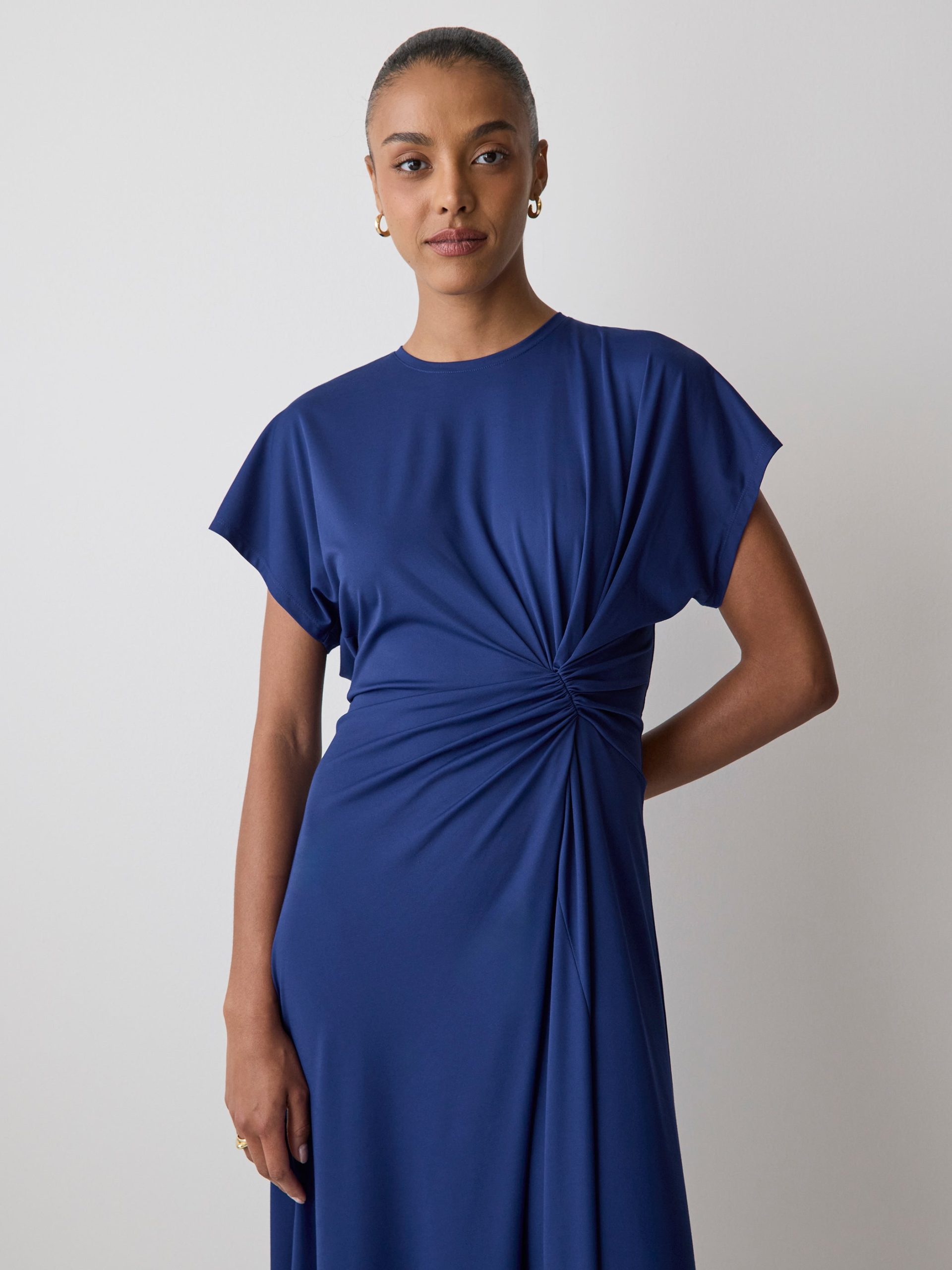 Bellwether Blue Short-Sleeve Crew-Neck Midi Dress with Draped Detail - Image 2