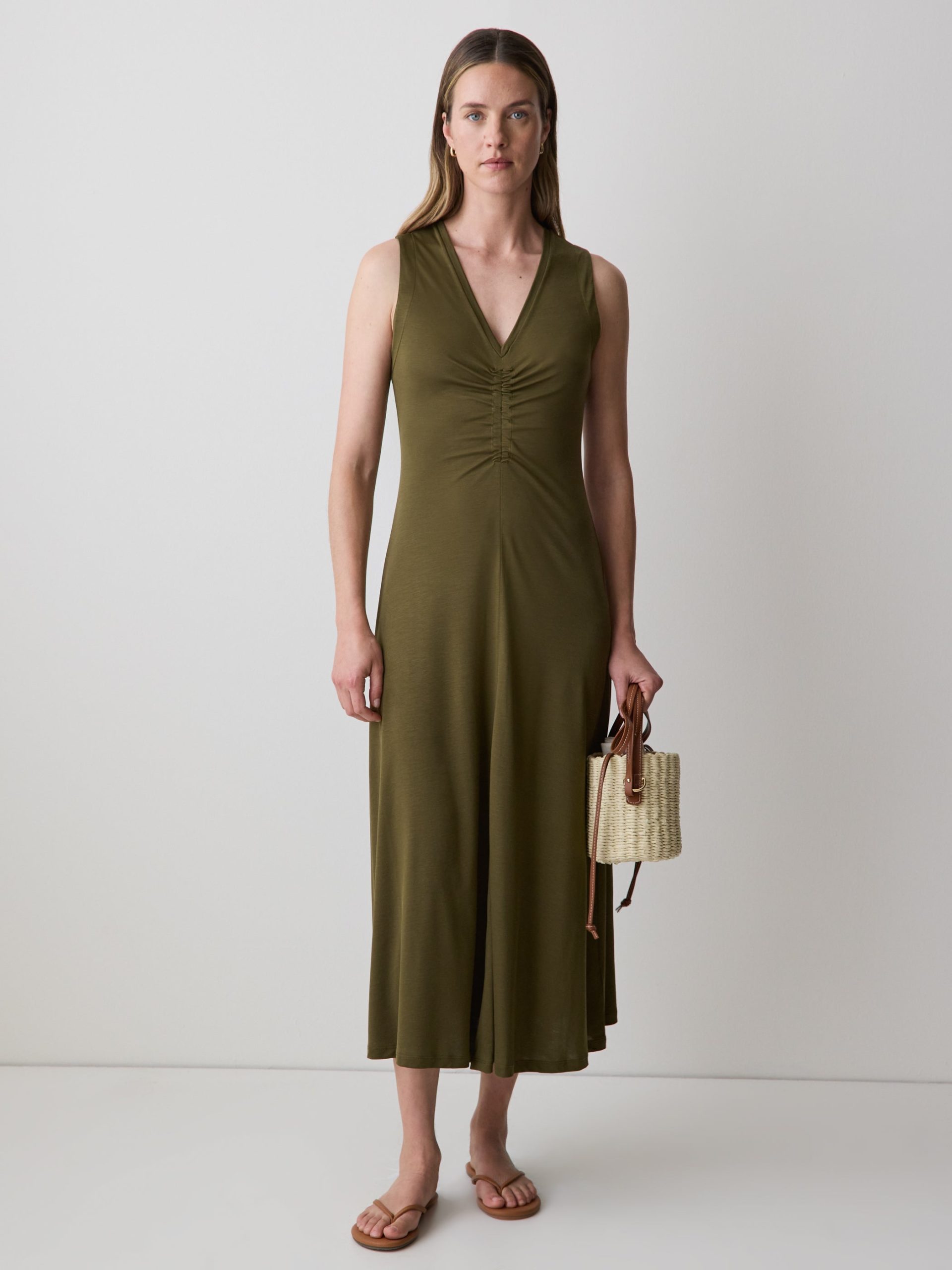 Green Sleeveless V-Neck Midi Dress