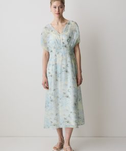 Blue & Yellow Abstract Multi Short-Sleeve V-Neck Midi Dress