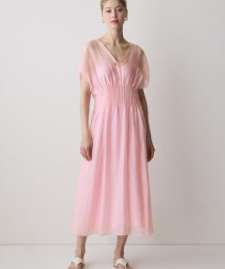 Orchid Pink Short-Sleeve V-Neck Midi Dress