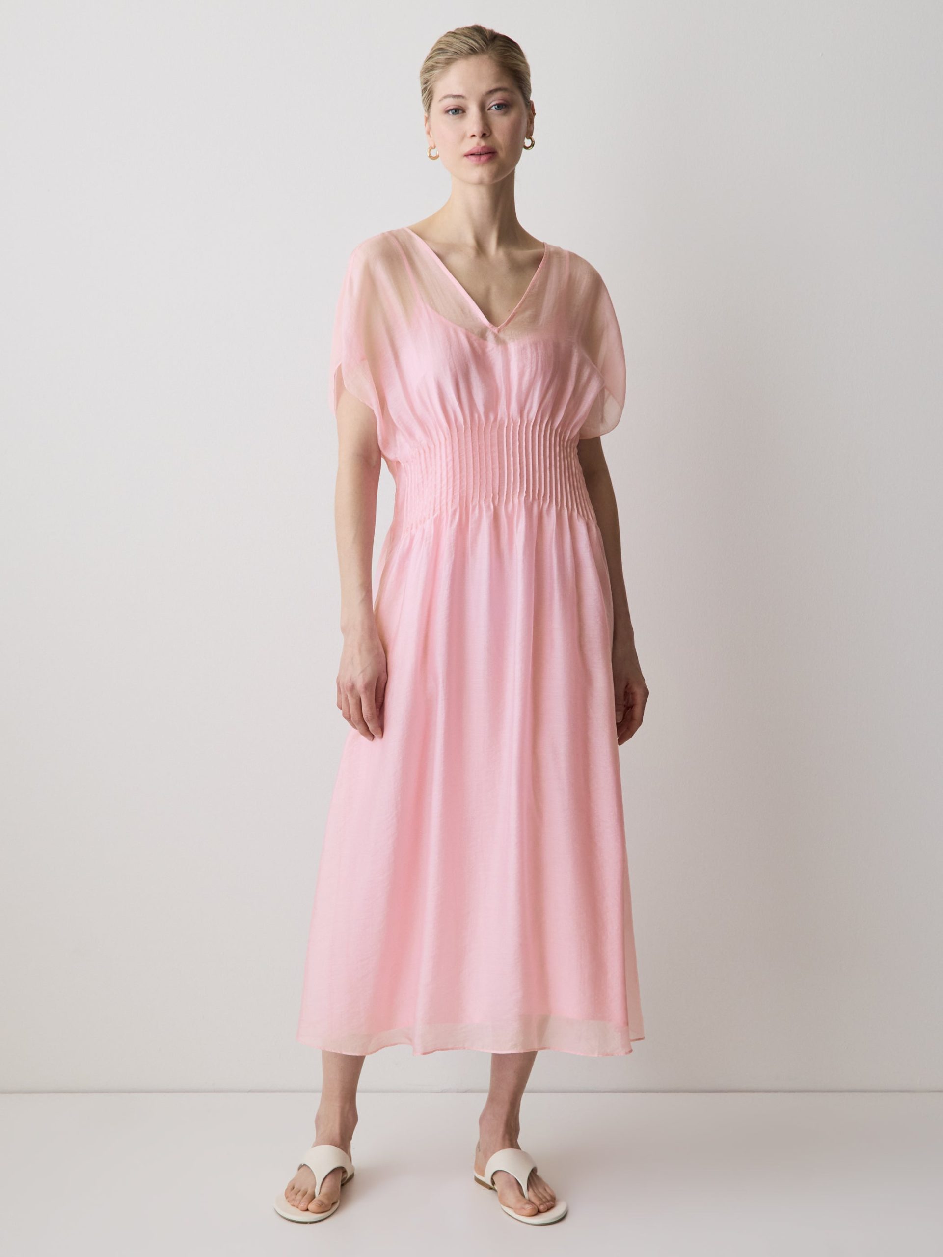 Orchid Pink Short-Sleeve V-Neck Midi Dress
