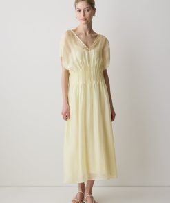 Almond Oil Short-Sleeve V-Neck Midi Dress
