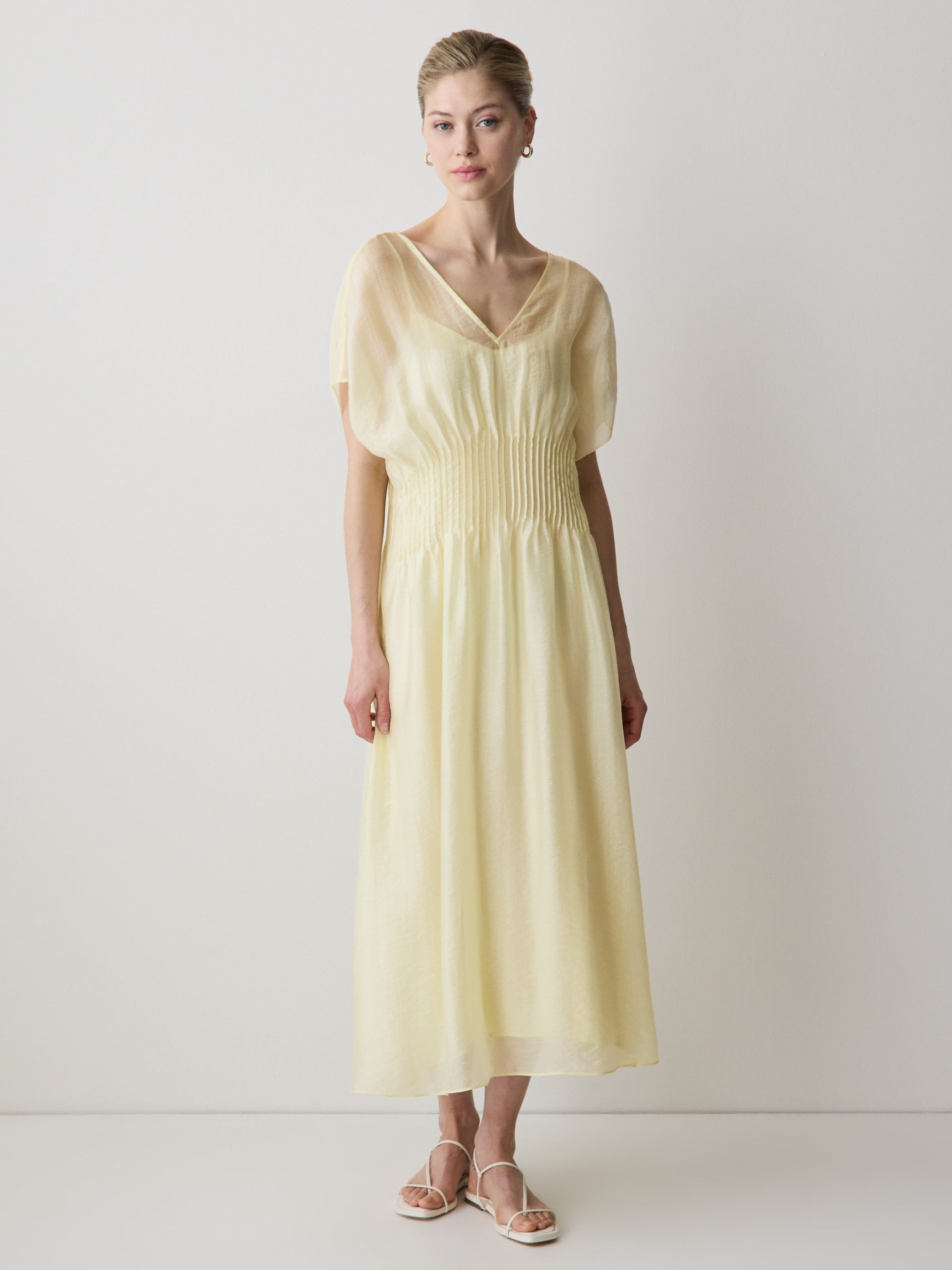 Almond Oil Short-Sleeve V-Neck Midi Dress