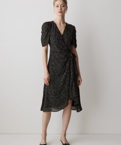 Black Multi Short-Sleeve Chiffon Midi Dress with Lace Trim
