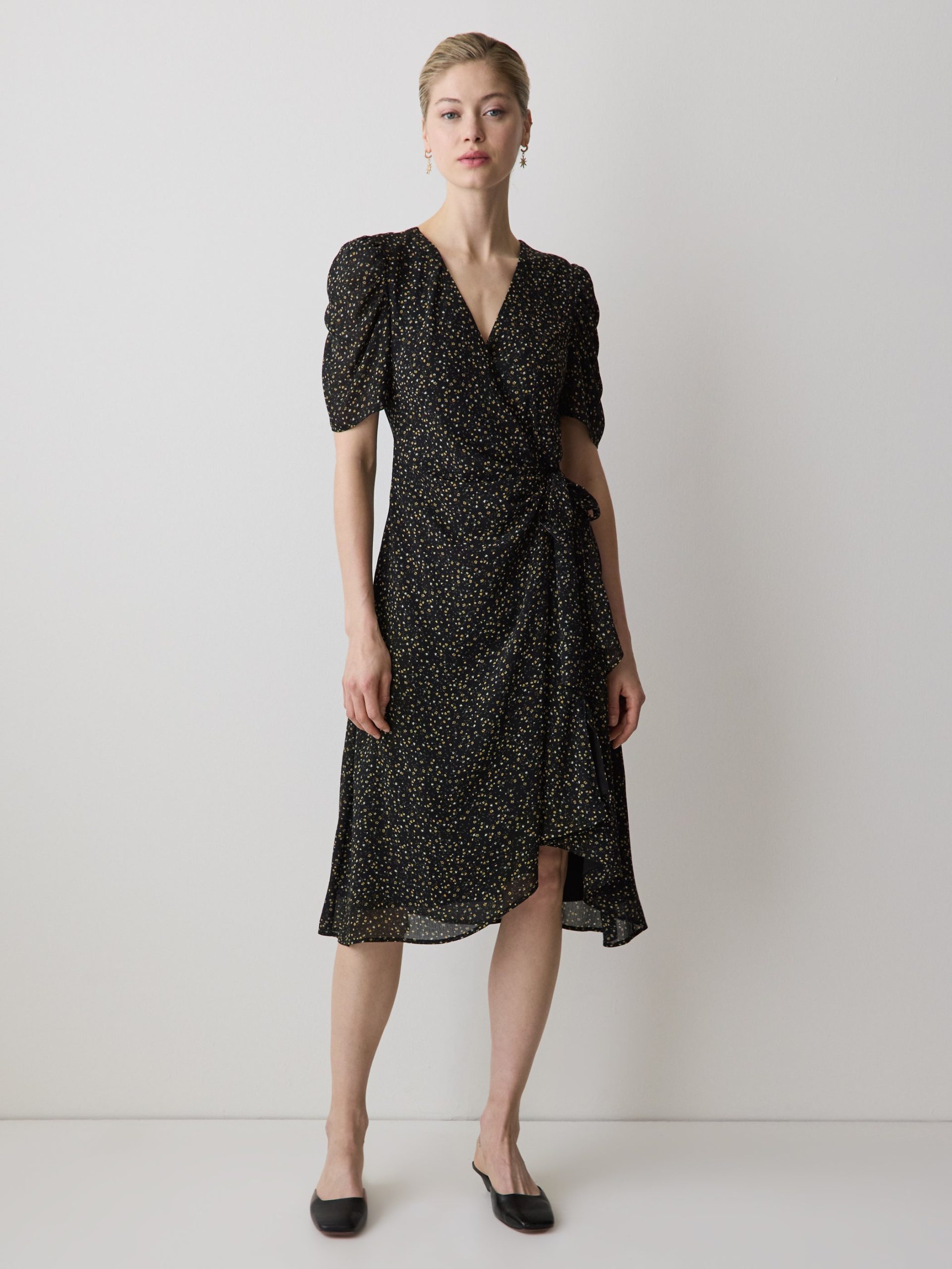 Black Multi Short-Sleeve Chiffon Midi Dress with Lace Trim