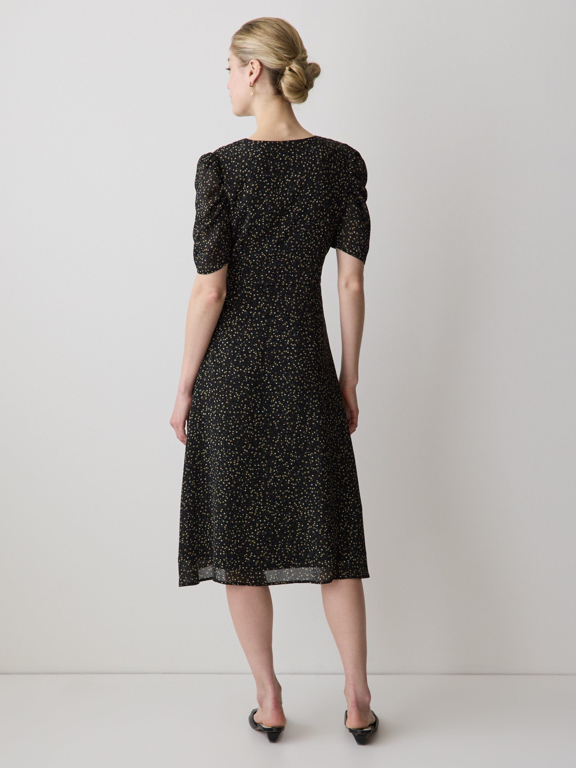 Black Multi Short-Sleeve Chiffon Midi Dress with Lace Trim - Image 3