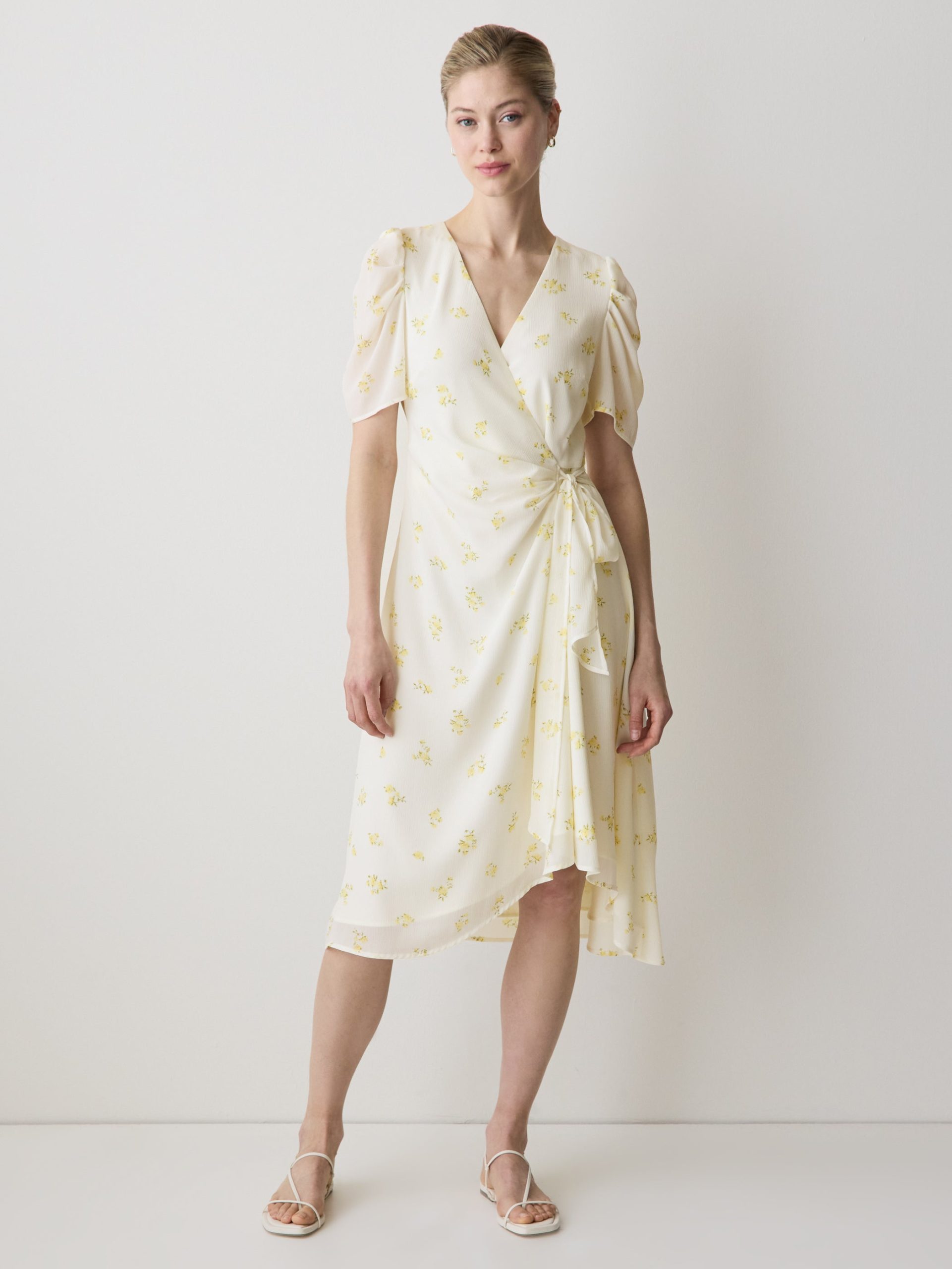 White Alyssum Yellow Flower Multi Short-Sleeve Chiffon Midi Dress with Lace Trim