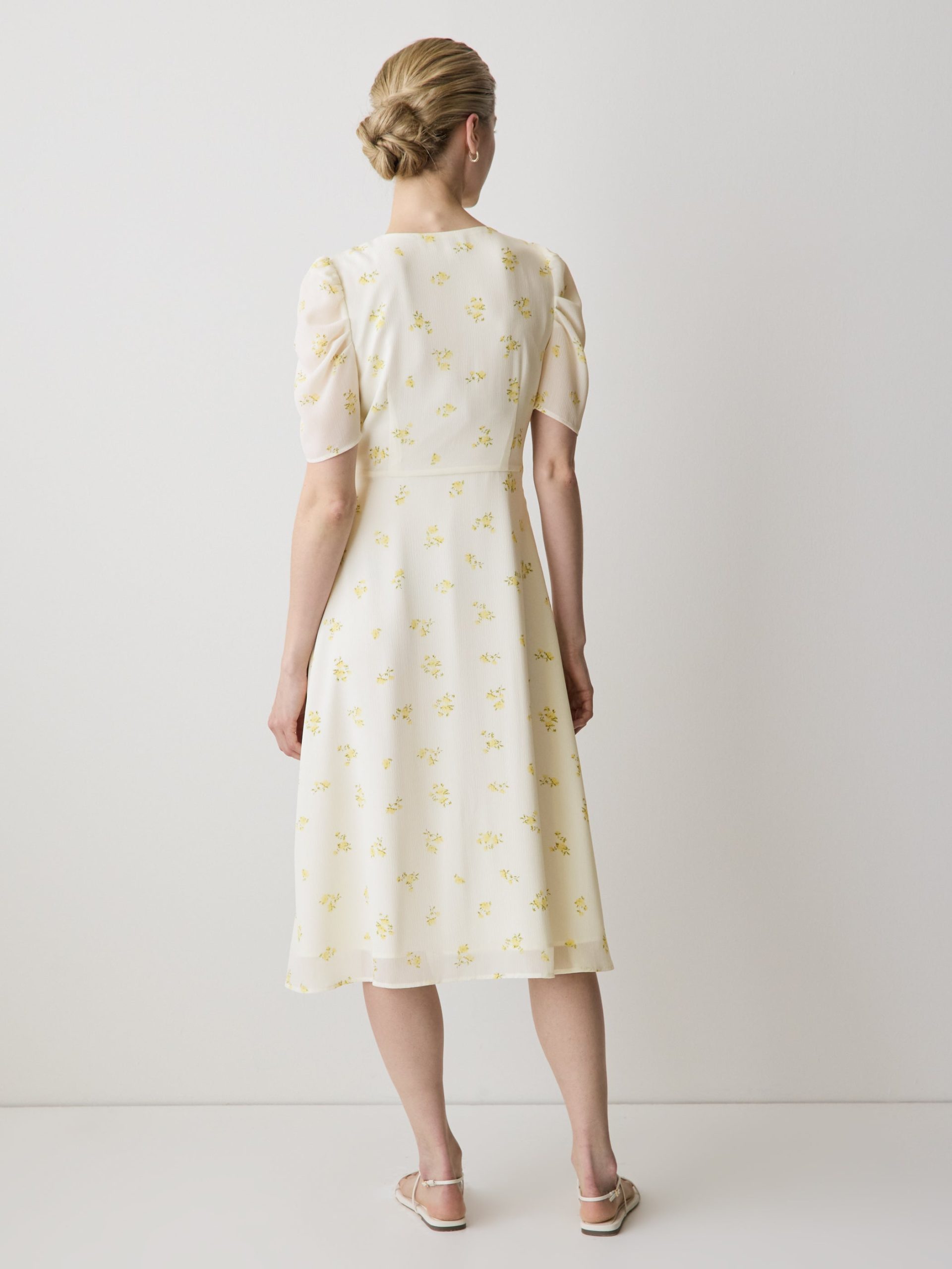 White Alyssum Yellow Flower Multi Short-Sleeve Chiffon Midi Dress with Lace Trim - Image 3