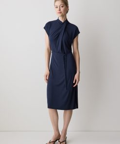 Peacoat Extended-Sleeve High-Neck Fitted Dress