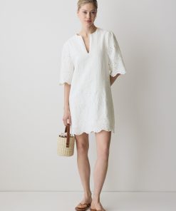Snow White Split-Neck Flare Mini Dress with Embroideries
