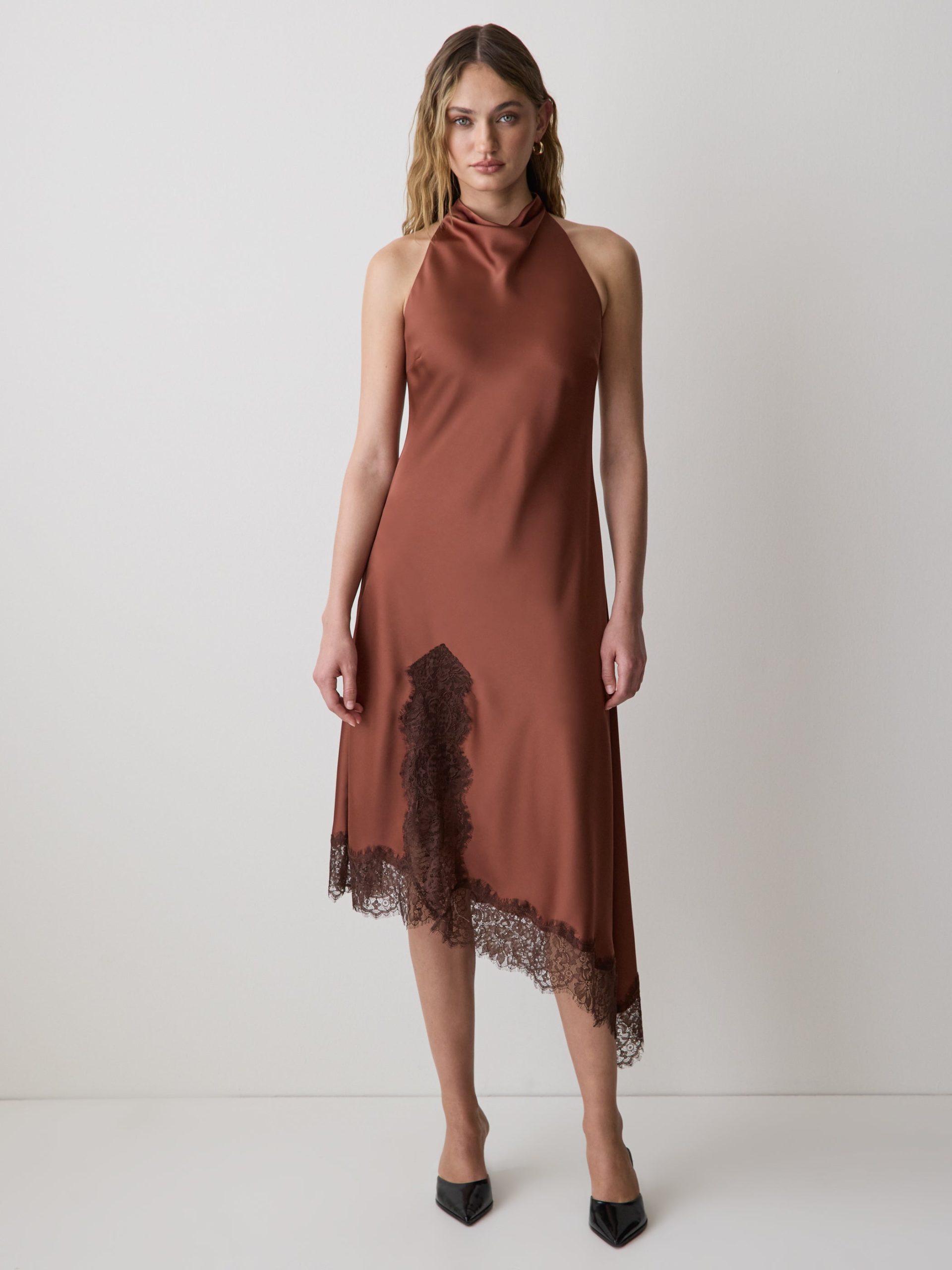 Mahogany Sleeveless Cowl-Neck Dress with Asymmetrical Hem