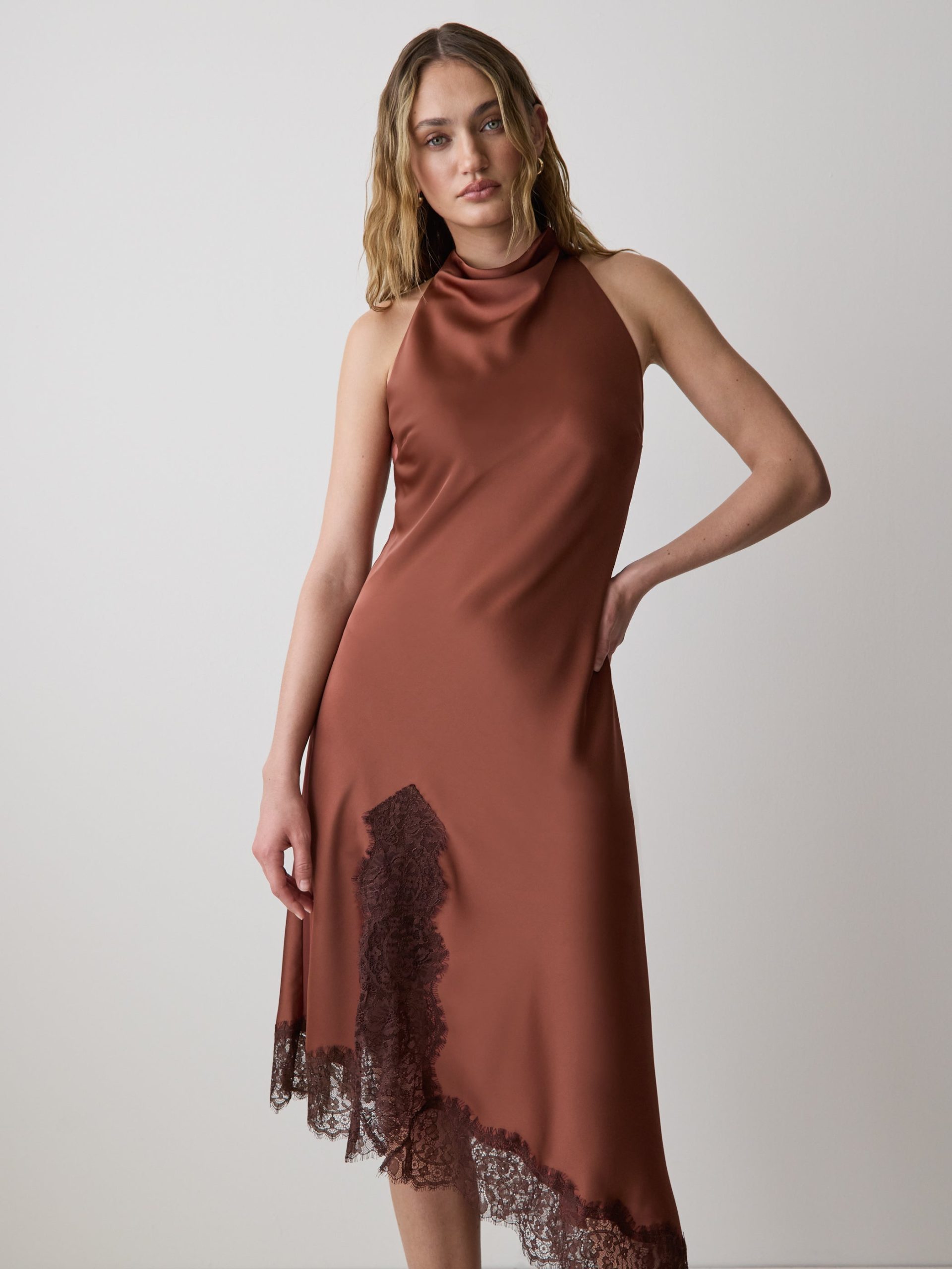 Mahogany Sleeveless Cowl-Neck Dress with Asymmetrical Hem - Image 2