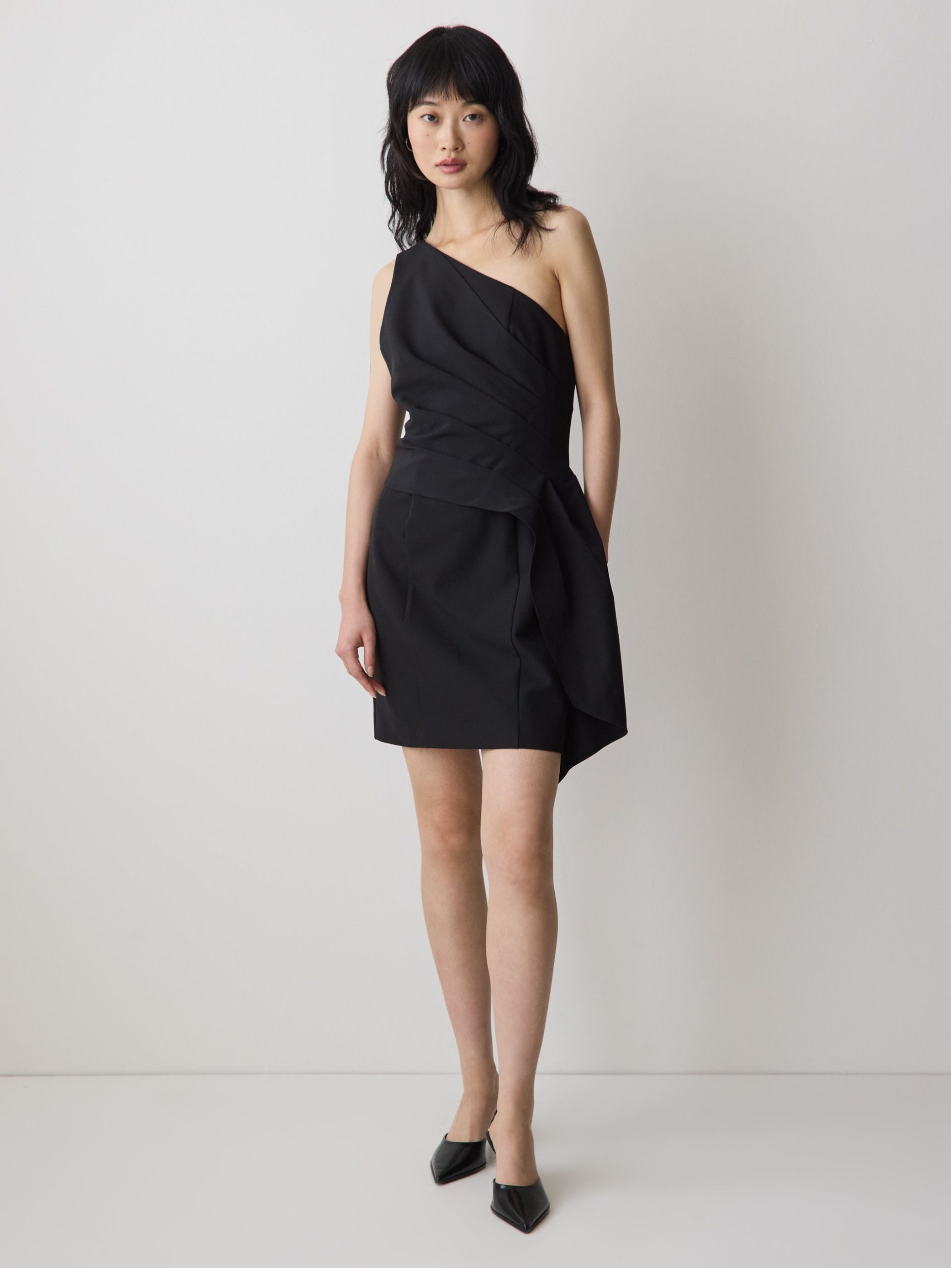 Black One-Shoulder Draped Mini Cocktail Dress