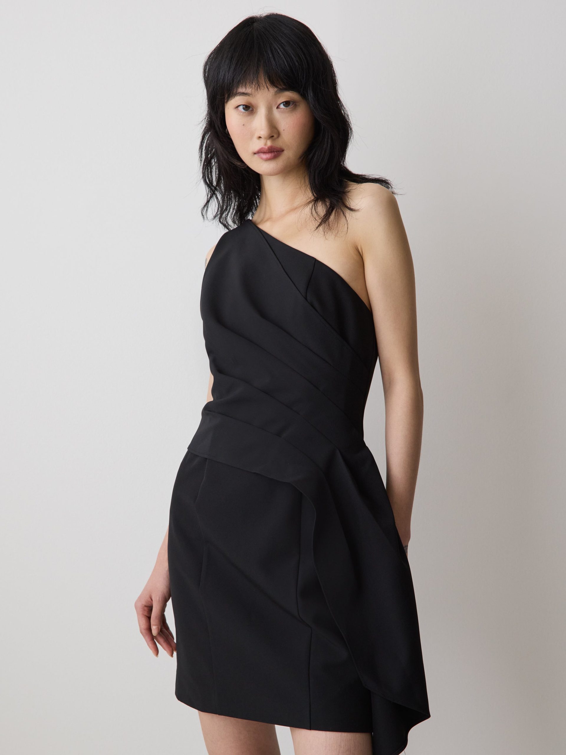 Black One-Shoulder Draped Mini Cocktail Dress - Image 2